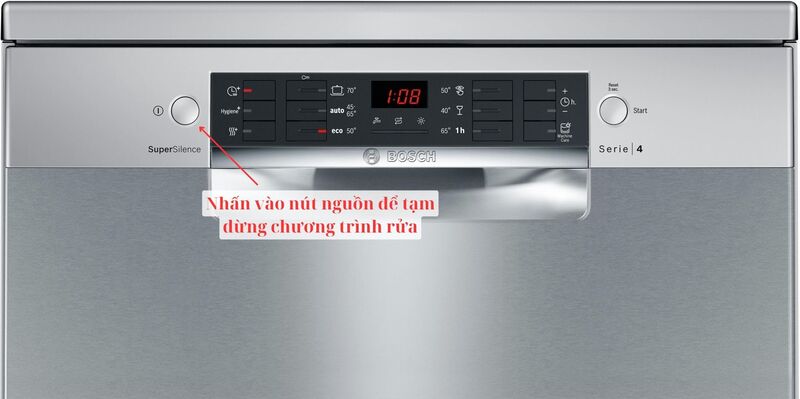 Hướng dẫn sử dụng máy rửa bát Bosch sms46mi05e chi tiết nhất 4 Tạm dừng chương trình rửa khi máy đang hoạt động