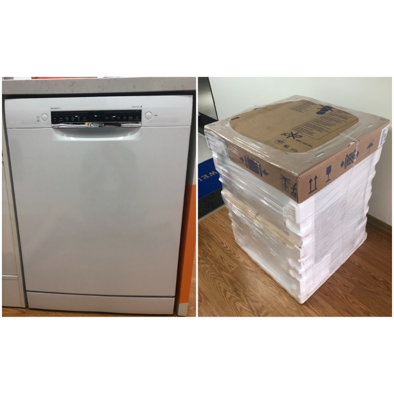Hướng dẫn kiểm tra máy rửa bát Bosch chính hãng bạn nên biết 6 Máy rửa chén Bosch chính hãng được đóng gói rất chắc chắn để đảm bảo thiết bị đến tay người tiêu dùng trong tình trạng tốt nhất