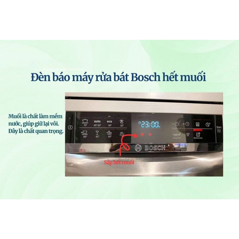 Ý nghĩa các ký hiệu trên máy rửa bát Bosch 2025 mới nhất 3 Đèn báo hình mũi tên hai chiều chuyển sang màu đỏ cho biết lượng muối làm mềm nước trong máy rửa bát Bosch đã gần hết