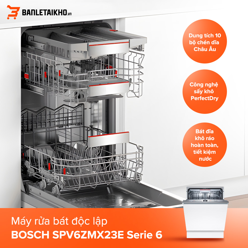 Tìm hiểu các chức năng sấy của máy rửa bát Bosch mới nhất 5 Máy rửa bát âm tủ BOSCH SPV6ZMX23E Serie 6 sở hữu dung tích rửa 10 bộ đồ ăn