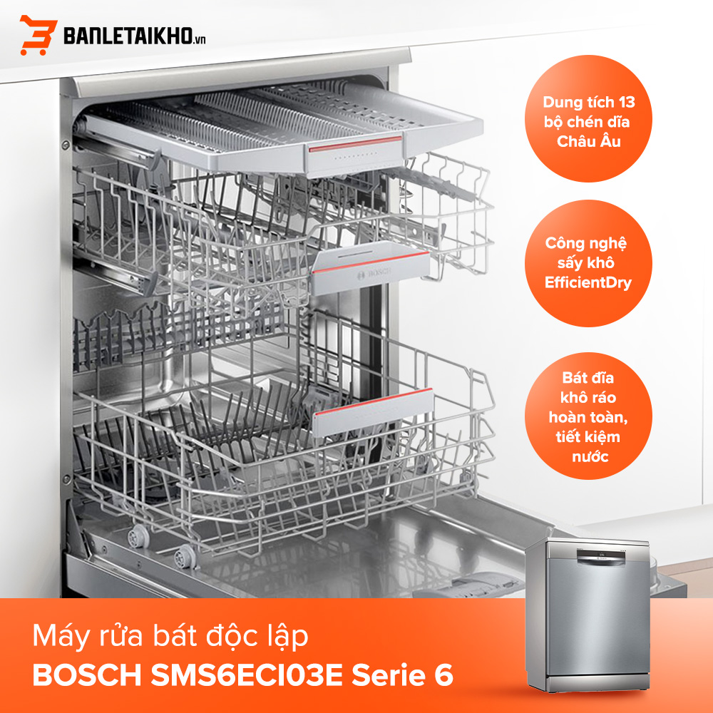 Tìm hiểu các chức năng sấy của máy rửa bát Bosch mới nhất 6 Máy rửa bát độc lập Bosch SMS6ECI03E Serie 6 phục vụ cho gia đình 3-4 người