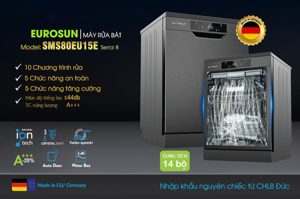 Máy rửa bát Eurosun có tốt không? Review chi tiết về máy rửa bát Eurosun 11 Máy rửa chén Eurosun SMS80EU15E thiết kế sang trọng, tính năng vượt trội và hiệu suất cao