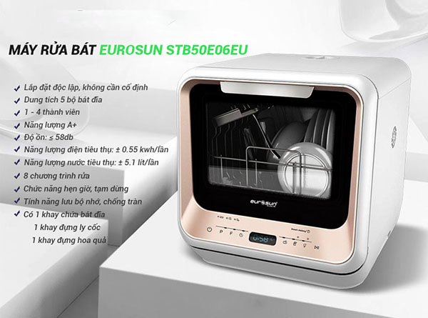 Máy rửa bát Eurosun có tốt không? Review chi tiết về máy rửa bát Eurosun 13 Máy rửa bát Eurosun STB50E06EU tiết kiệm không gian nhưng vẫn đảm bảo hiệu quả làm sạch cao