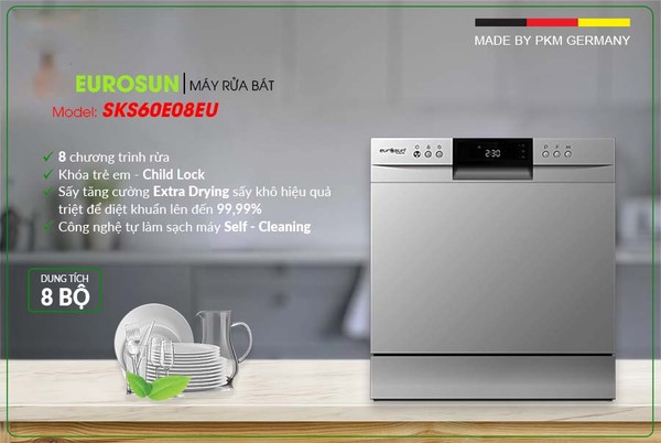 Máy rửa bát Eurosun có tốt không? Review chi tiết về máy rửa bát Eurosun 14 Máy rửa chén mini 8 bộ Eurosun SKS60E08EU sở hữu thiết kế nhỏ gọn, hiệu năng cao