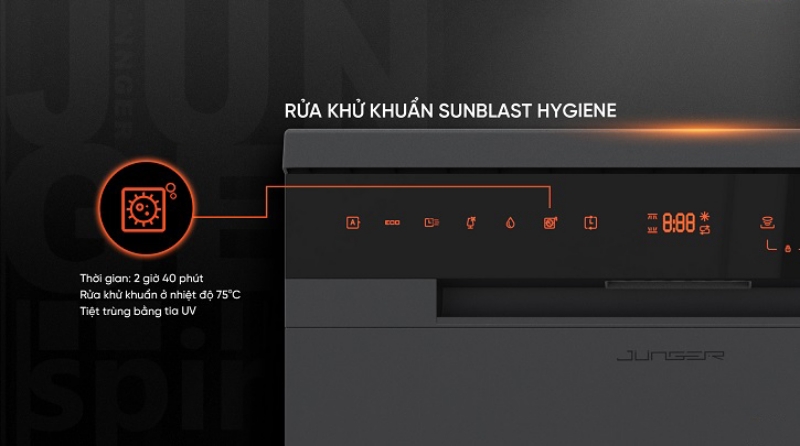 Máy rửa bát Junger có tốt không? Review máy rửa bát Junger 3 Công nghệ khử khuẩn bằng tia UV SunBlast Hygiene tiêu diệt vi khuẩn và nấm mốc