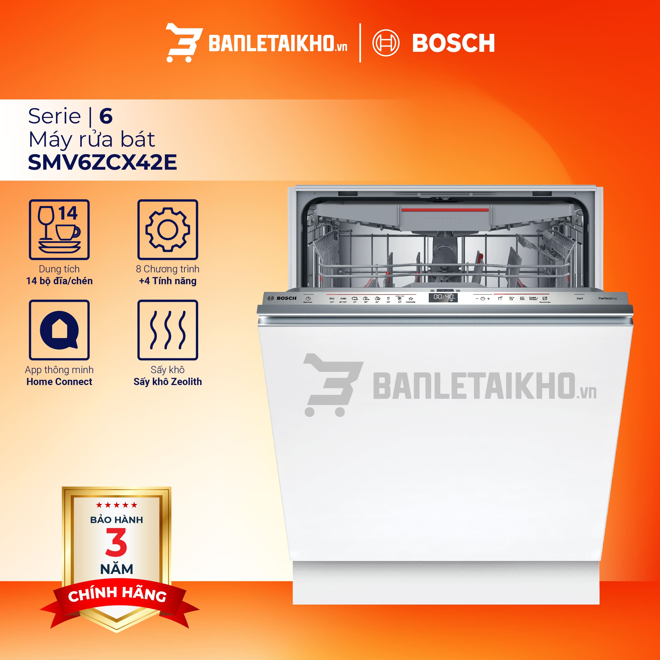 Máy Rửa Bát Âm Toàn Phần Series 6 Bosch SMV6ZCX42E