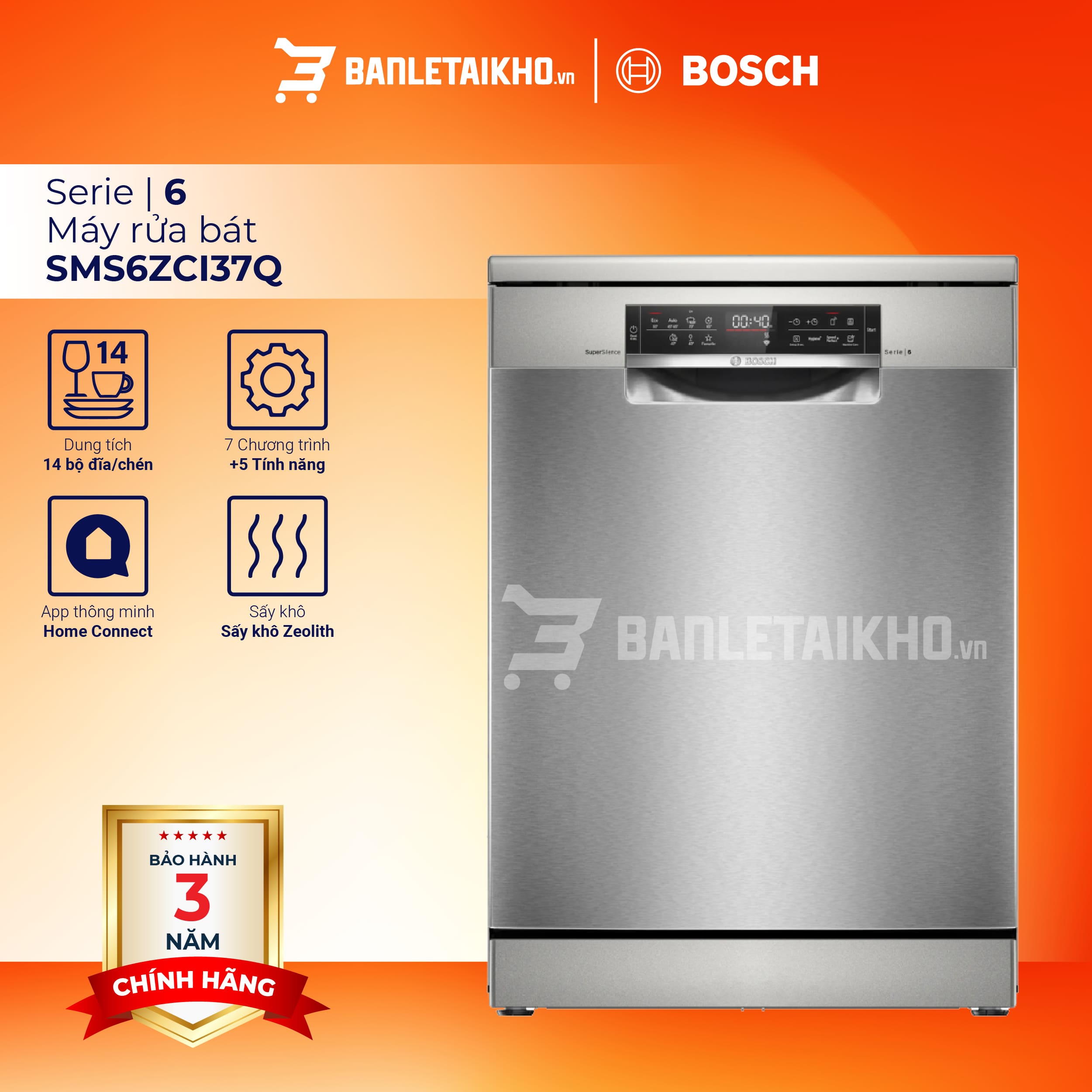 Máy Rửa Chén Độc Lập Series 6 Bosch SMS6ZCI37Q