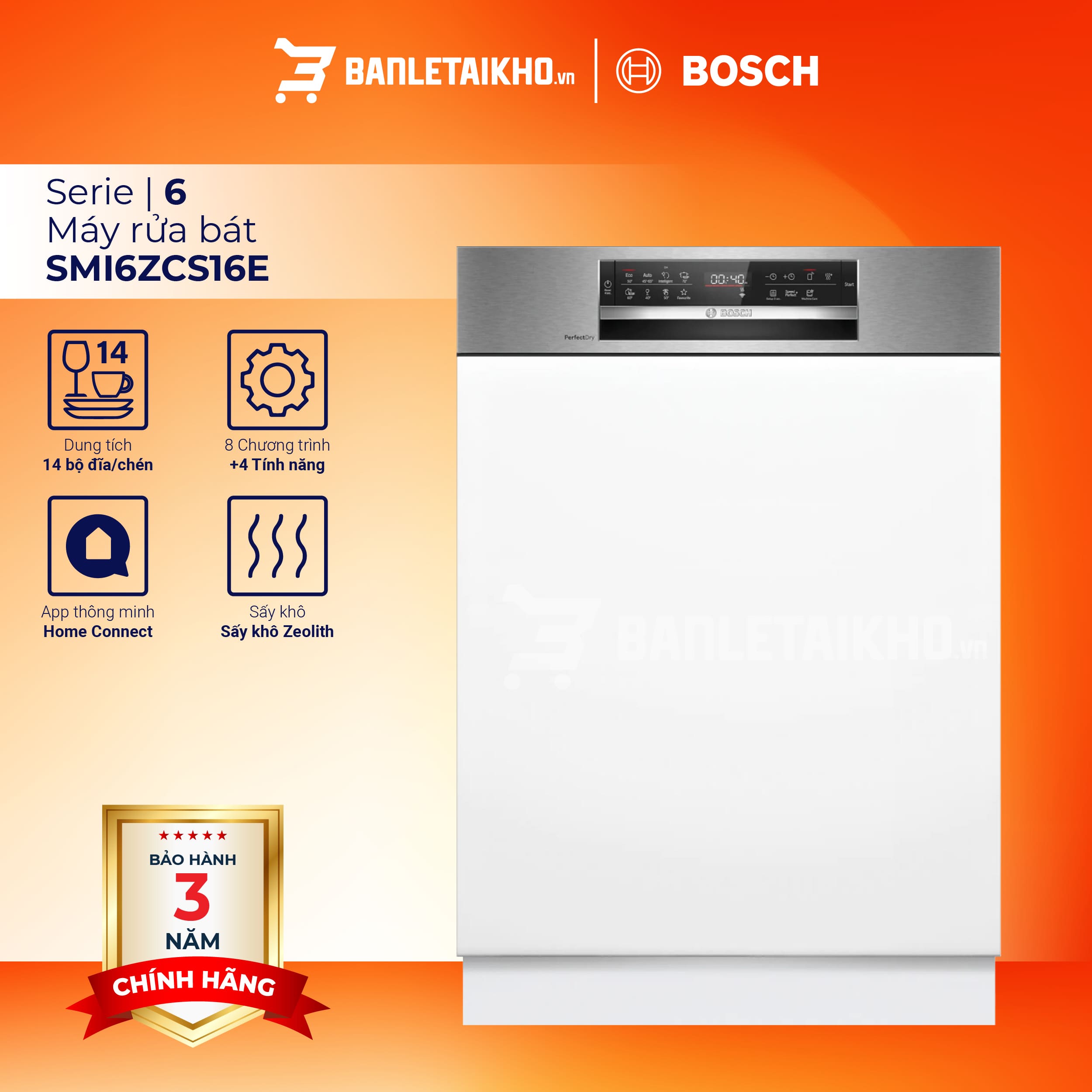 Máy rửa bát bán âm Bosch SMI6ZCS16E Serie 6
