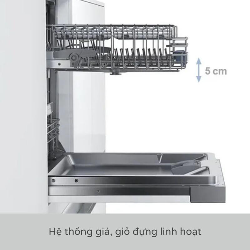Hệ thống khay Rackmatic và VarioDrawer Pro trên máy rửa bát Bosch SMV4ECX14E - Series 4 cho phép bạn rửa được nhiều bát đĩa hơn trong một lần