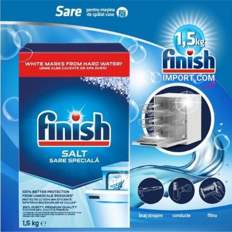 Muối rửa chén Finish Dishwasher Salt 1,5kg có thành phần tinh khiết.