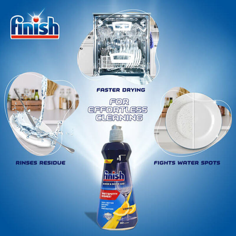 Nước làm bóng Finish 800ml Lemon có công thức 5 trong 1 mang lại hiệu quả toàn diện.