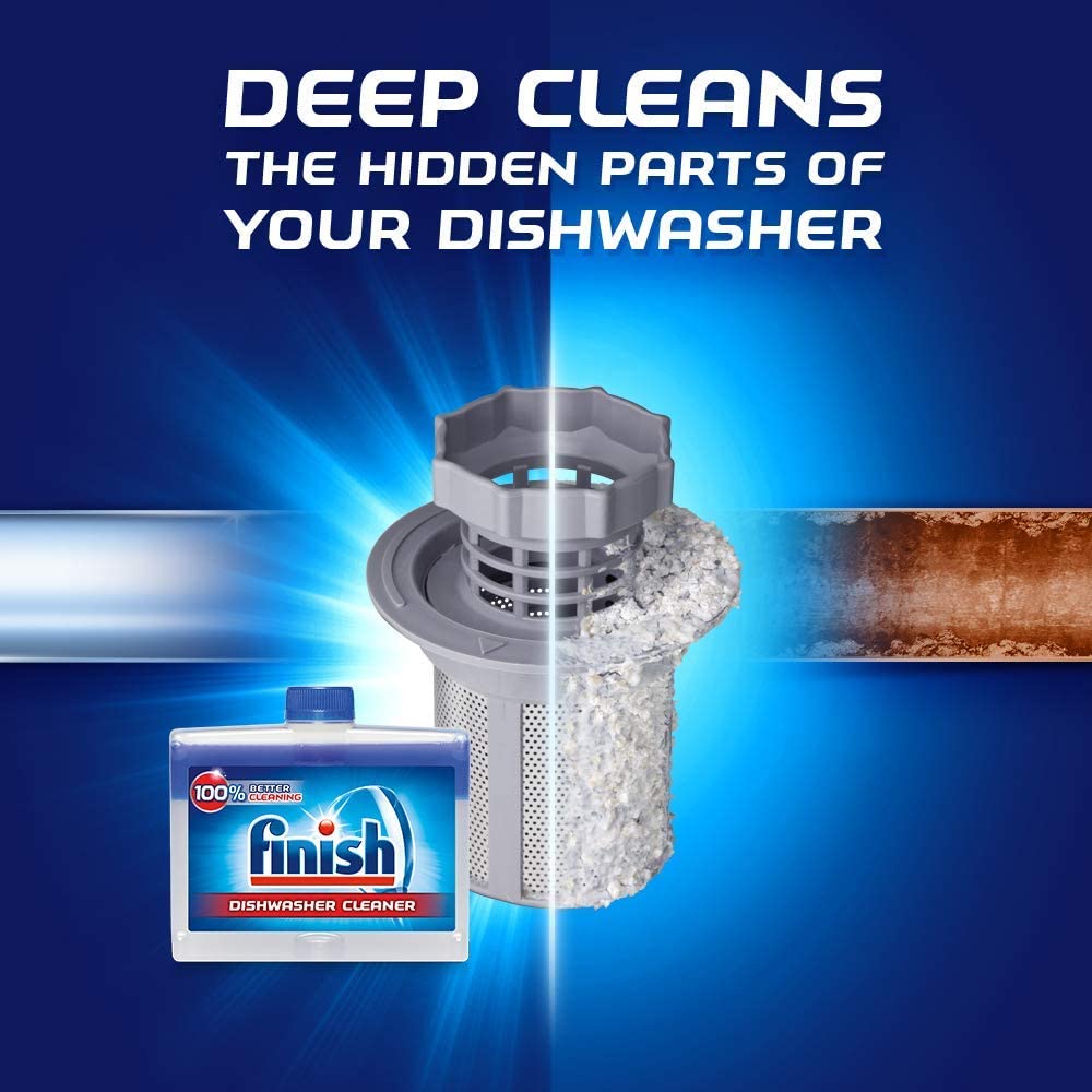 Nước vệ sinh máy rửa chén Finish 250ml làm sạch các thành phần của máy.