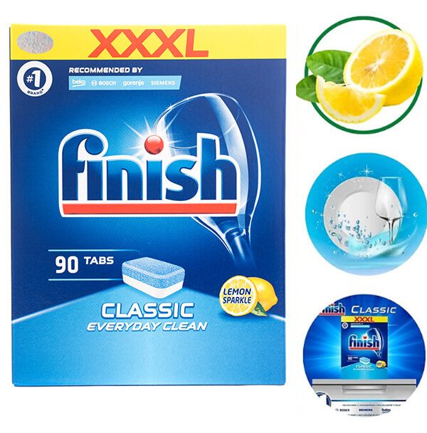 Viên rửa chén Finish All In 1 FVAT90LM 90V hương chanh giúp chén đĩa sạch bóng, bảo vệ máy rửa chén và an toàn cho sức khỏe