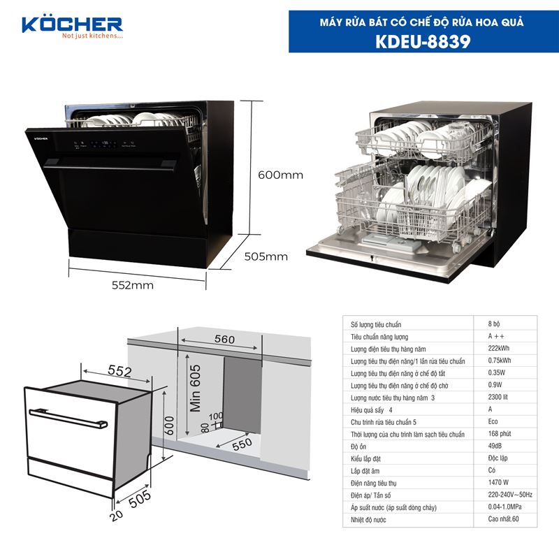 Mặt sau của máy rửa bát Kocher KDEU-8835BL được thiết kế bền bỉ và an toàn