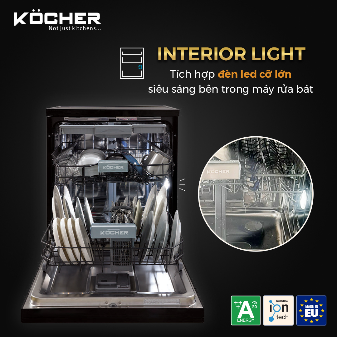 Đèn LED bên trong máy rửa bát giúp người dùng dễ dàng quan sát toàn bộ chu trình
