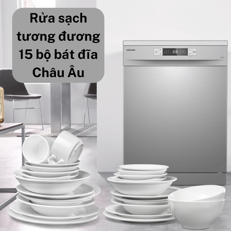 Máy rửa bát Kocher KDEU-8835SE với khả năng rửa sạch 15 bộ bát đĩa Châu Âu