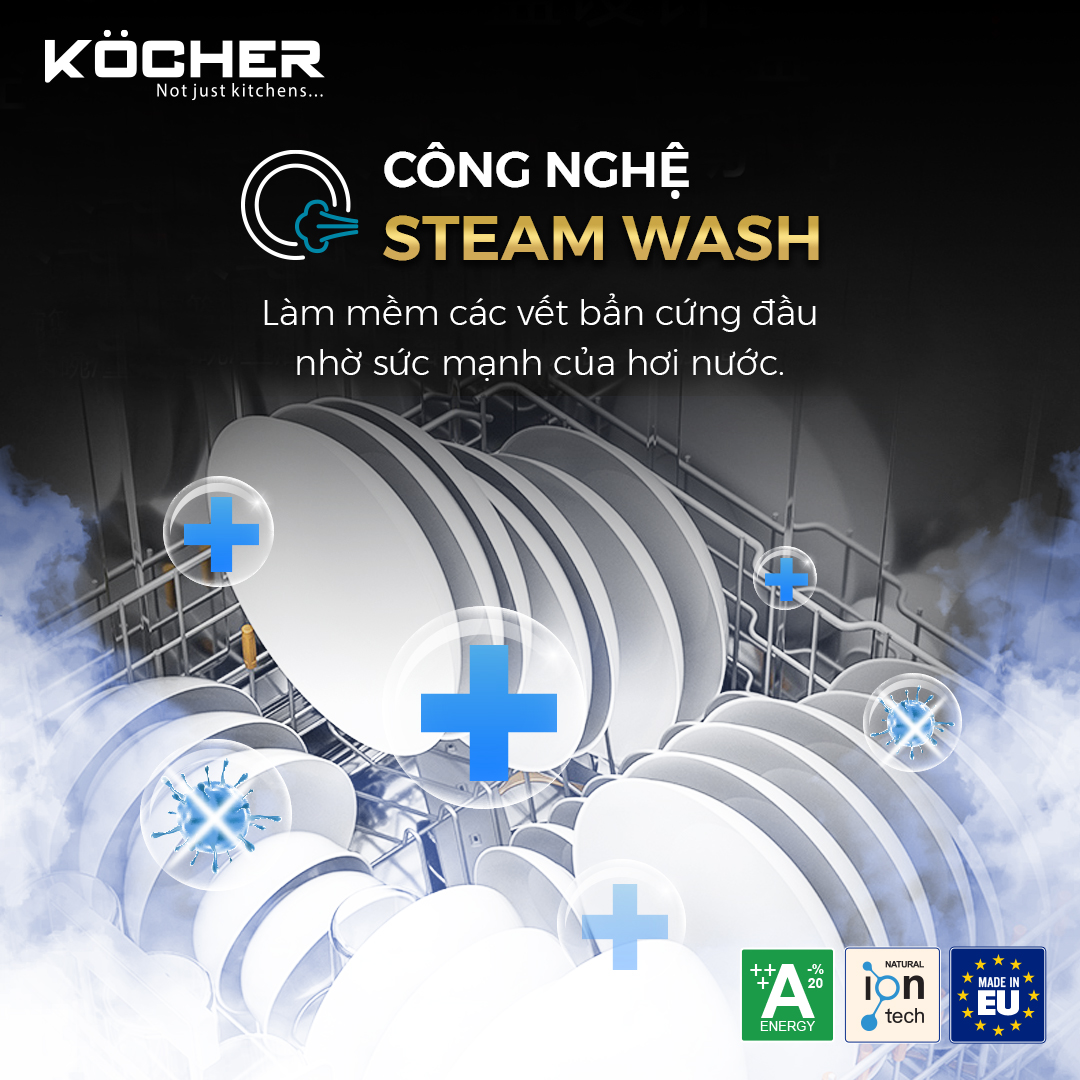 Máy Kocher KDEU-8855S7 SERIES 7 có công nghệ Steam Wash giúp làm sạch và khử trùng chén đĩa bằng hơi nước nóng