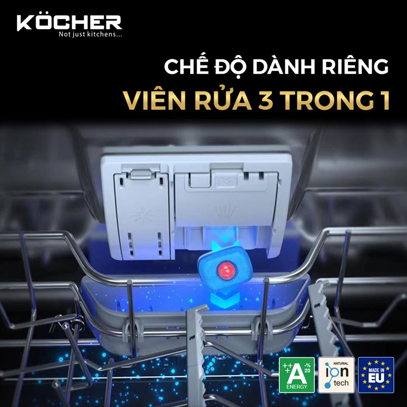 Máy rửa chén Kocher KDEU-8866S8 Series 8 có chế độ dành riêng cho viên rửa 3 trong 1 giúp tối ưu hóa hiệu quả rửa